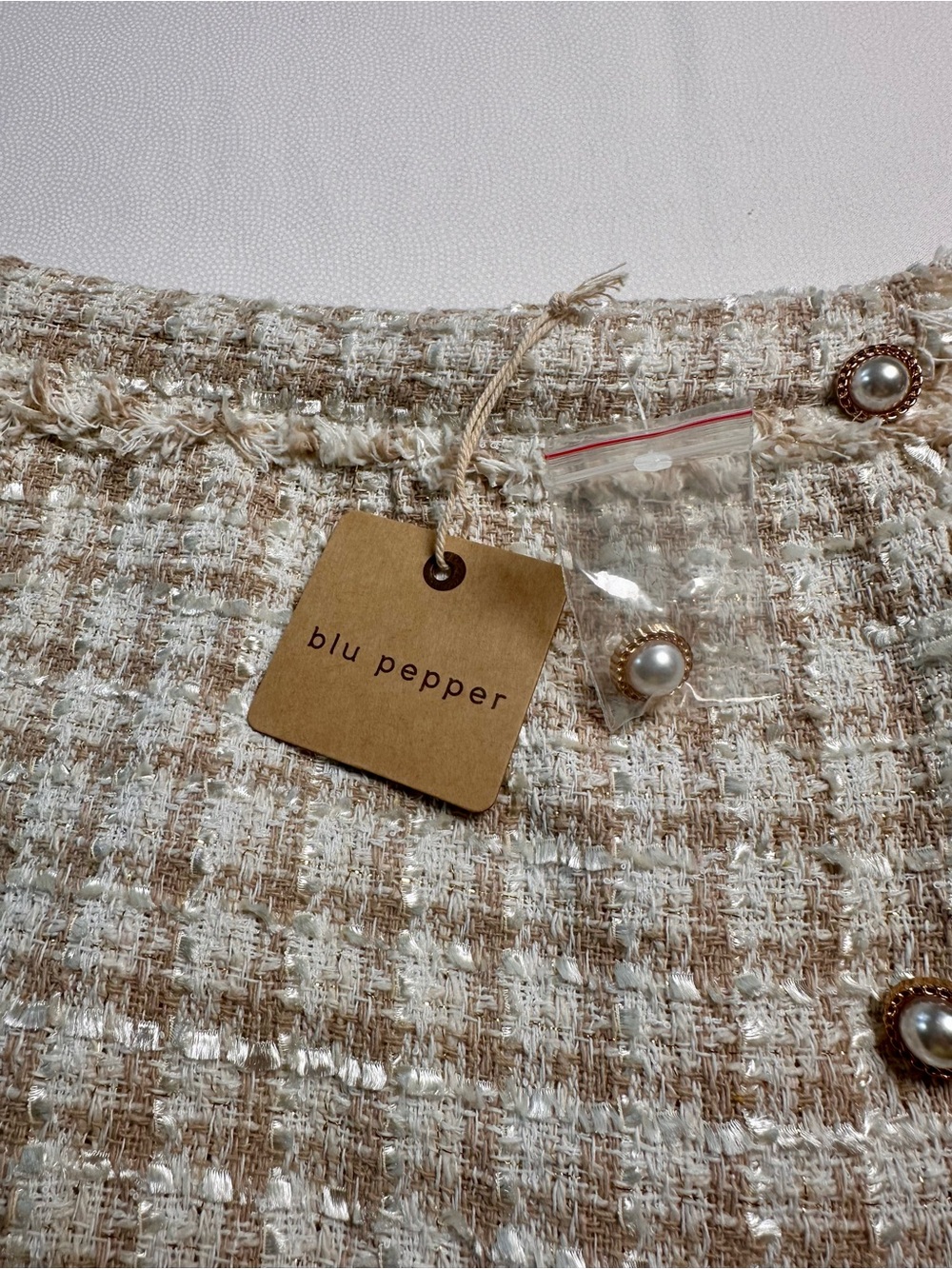 Blu Pepper Tweed Mini Skort Pearl Buttons Fringe Hem Size Small - Picture 5 of 11